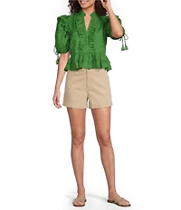 A Loves A Woven Ruffle Split V-Neck Short Bubble Sleeve Cropped Flounce Blouse