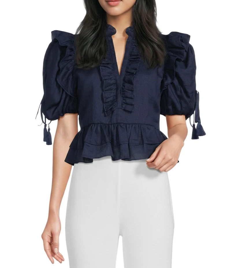 A Loves A Woven Ruffle Split V-Neck Short Bubble Sleeve Cropped Flounce Blouse