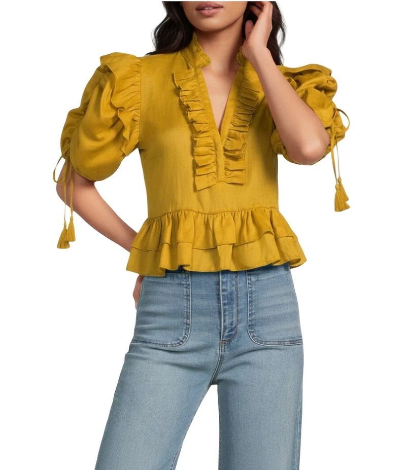 A Loves A Woven Ruffle Split V-Neck Short Bubble Sleeve Cropped Flounce Blouse