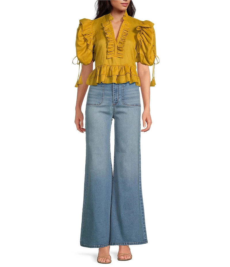 A Loves A Woven Ruffle Split V-Neck Short Bubble Sleeve Cropped Flounce Blouse