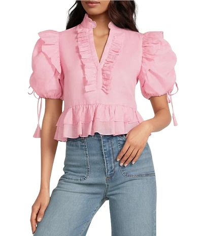 A Loves A Woven Ruffle Split V-Neck Short Bubble Sleeve Cropped Flounce Blouse