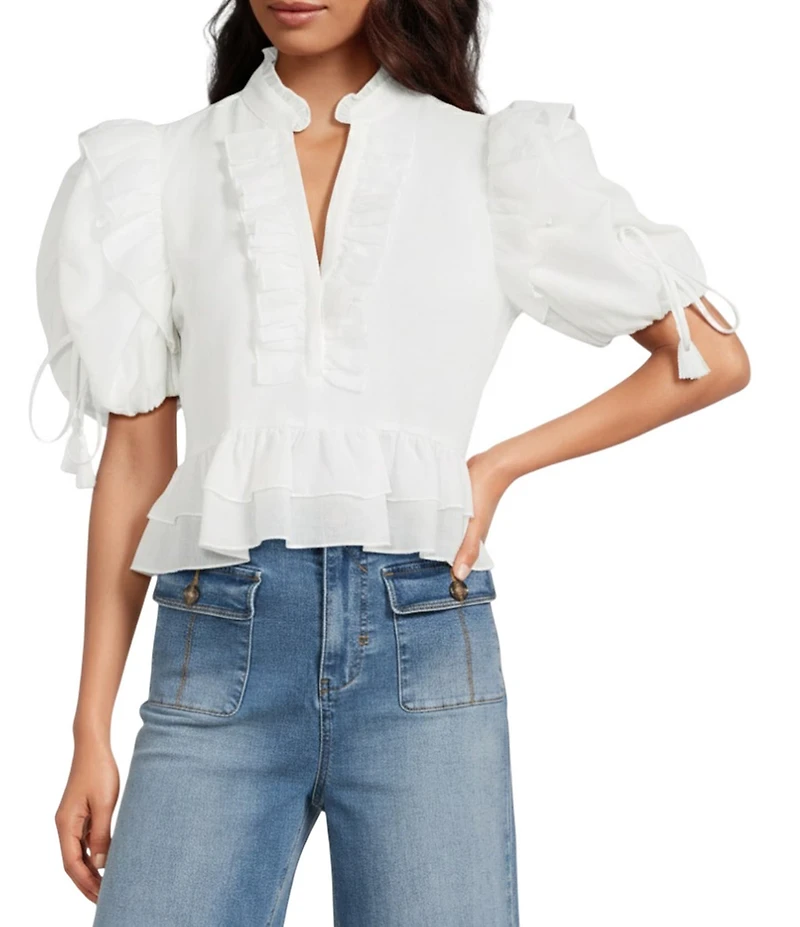 A Loves A Woven Ruffle Split V-Neck Short Bubble Sleeve Cropped Flounce Blouse