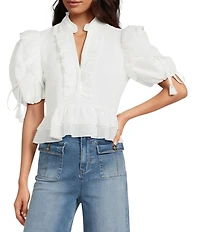 A Loves A Woven Ruffle Split V-Neck Short Bubble Sleeve Cropped Flounce Blouse
