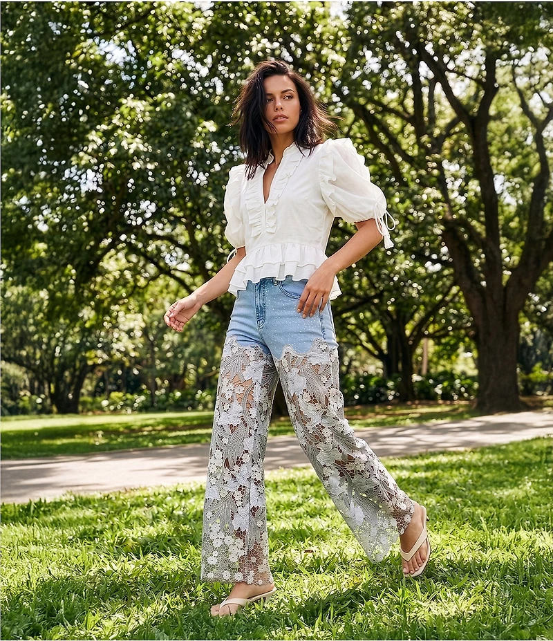 A Loves A Woven Ruffle Split V-Neck Short Bubble Sleeve Cropped Flounce Blouse