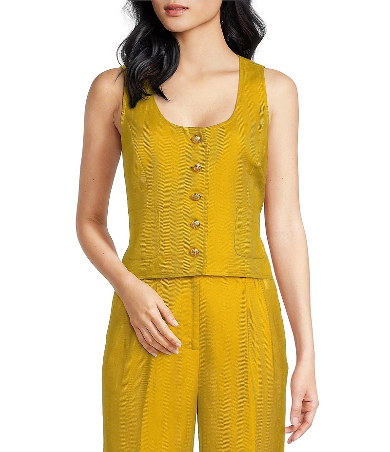 A Loves A Woven Scoop Neck Embellished Button Front Sleeveless Cropped Coordinating Vest