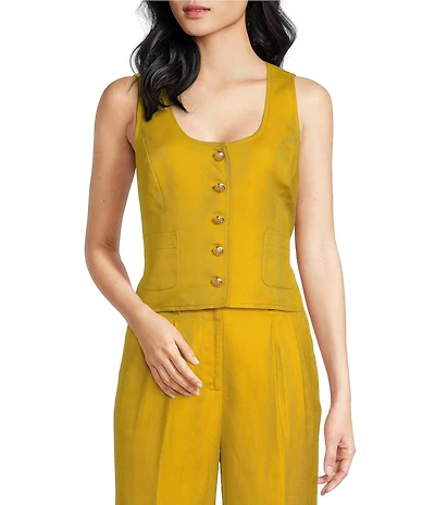 A Loves A Woven Scoop Neck Embellished Button Front Sleeveless Cropped Coordinating Vest