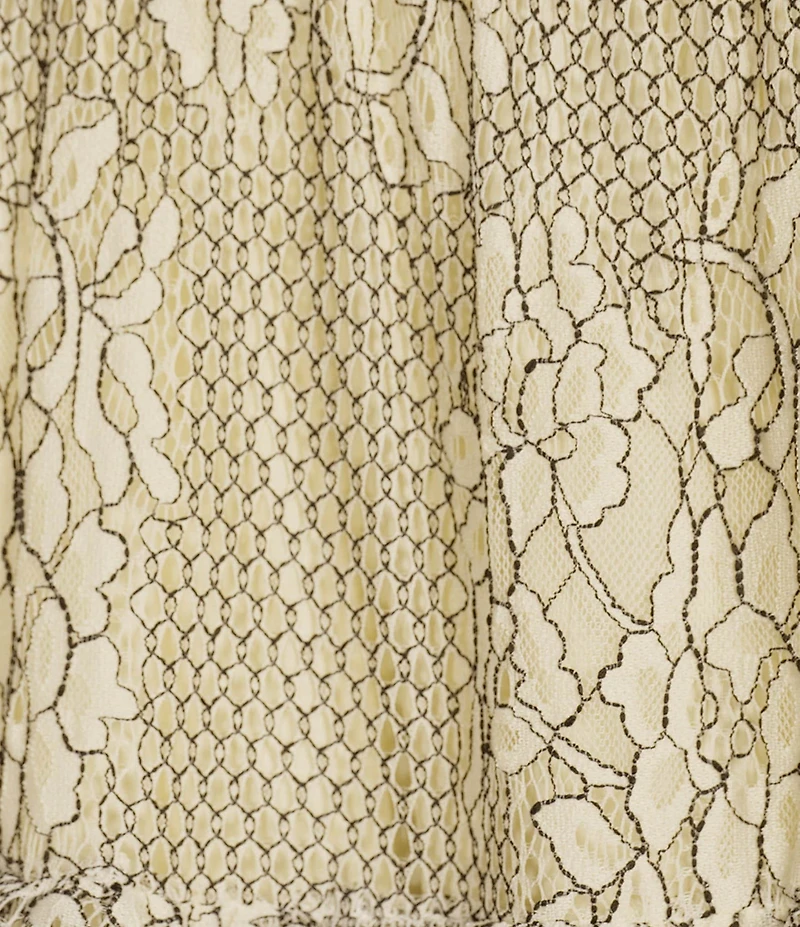 A Loves A Woven Sheer Illusion Lace Ruffle Trim Deep V-Neck Velvet Tie Long Blouson Sleeve Tiered Ruffle A-Line Maxi Dress