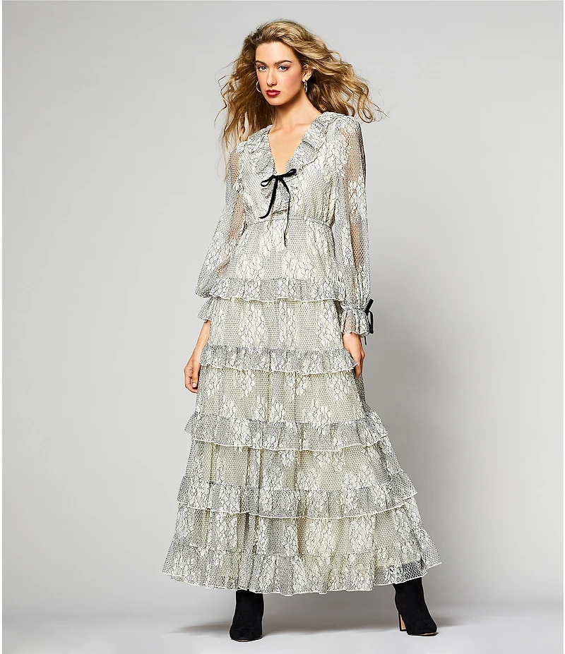 A Loves A Woven Sheer Illusion Lace Ruffle Trim Deep V-Neck Velvet Tie Long Blouson Sleeve Tiered Ruffle A-Line Maxi Dress