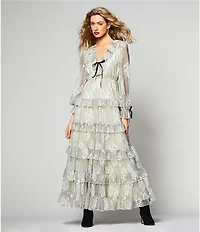 A Loves A Woven Sheer Illusion Lace Ruffle Trim Deep V-Neck Velvet Tie Long Blouson Sleeve Tiered Ruffle A-Line Maxi Dress