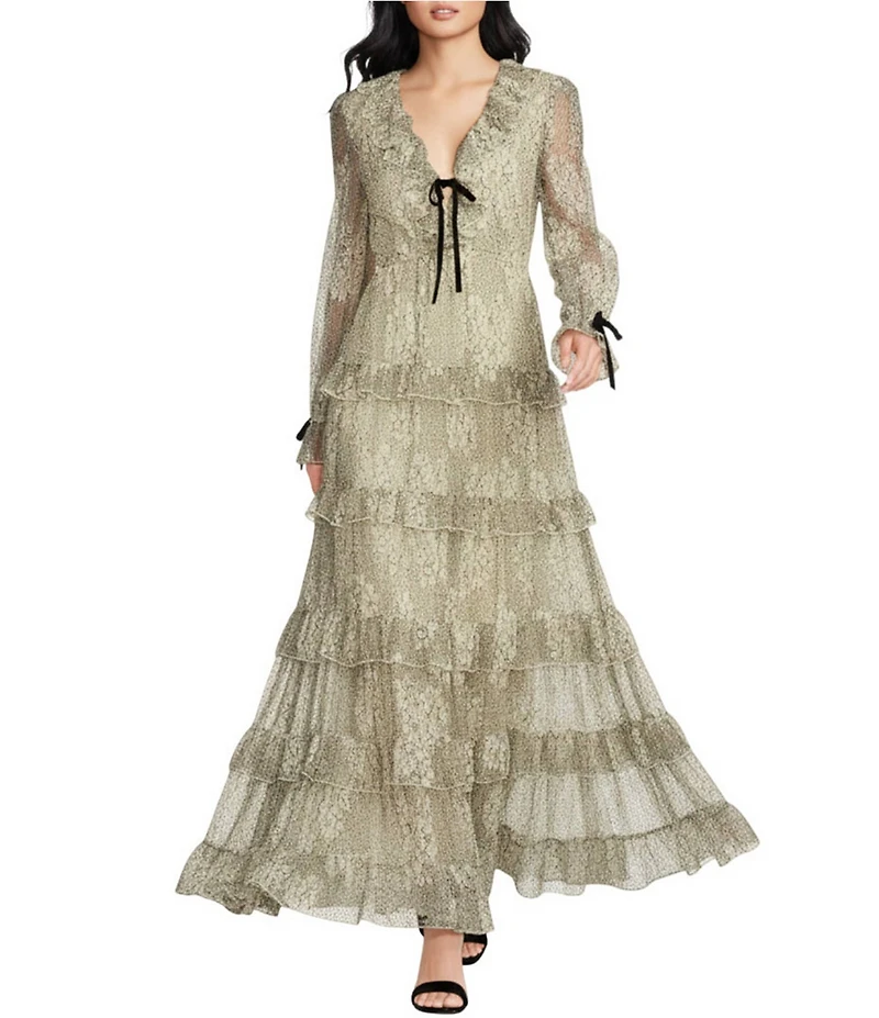 A Loves A Woven Sheer Illusion Lace Ruffle Trim Deep V-Neck Velvet Tie Long Blouson Sleeve Tiered Ruffle A-Line Maxi Dress