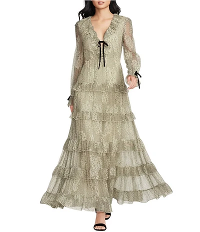 A Loves A Woven Sheer Illusion Lace Ruffle Trim Deep V-Neck Velvet Tie Long Blouson Sleeve Tiered Ruffle A-Line Maxi Dress