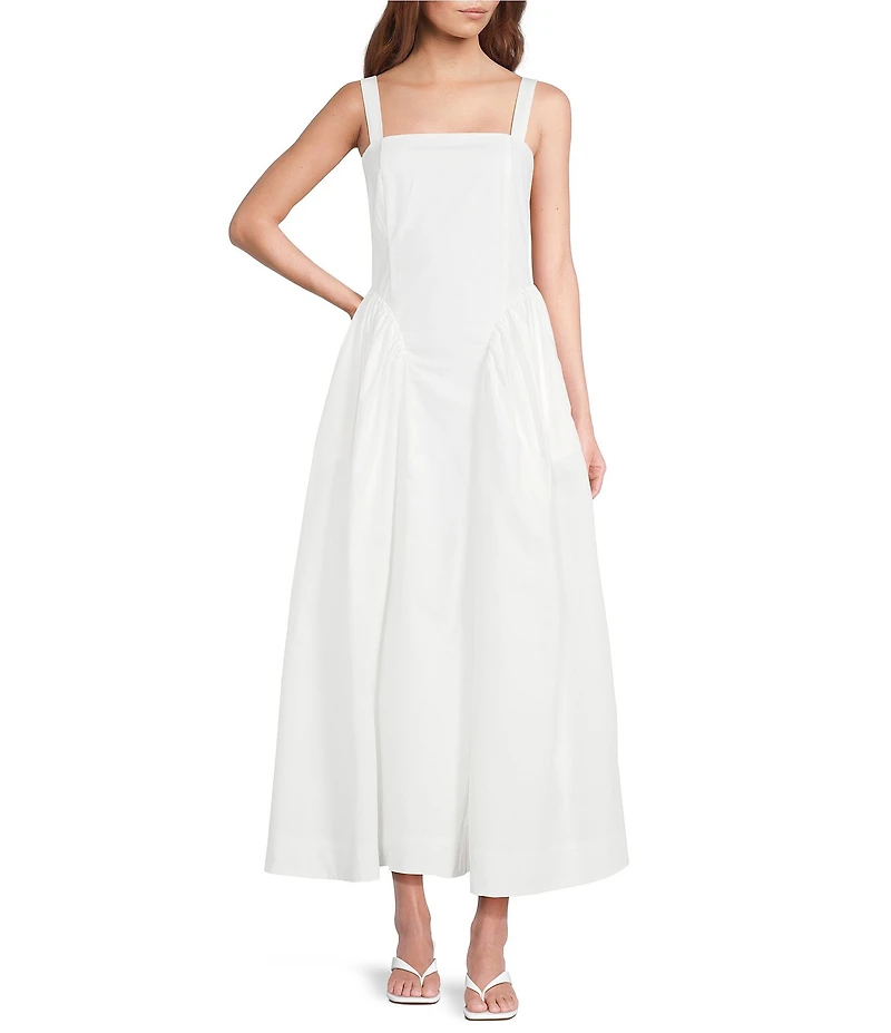 A Loves A Woven Square Neck Sleeveless Straps Drop Waist Smocked Backing Ruched Sides A-Line Maxi Dress