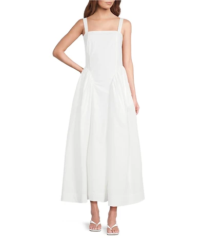 A Loves A Woven Square Neck Sleeveless Straps Drop Waist Smocked Backing Ruched Sides A-Line Maxi Dress