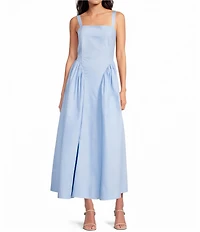 A Loves A Woven Square Neck Sleeveless Straps Drop Waist Smocked Backing Ruched Sides A-Line Maxi Dress