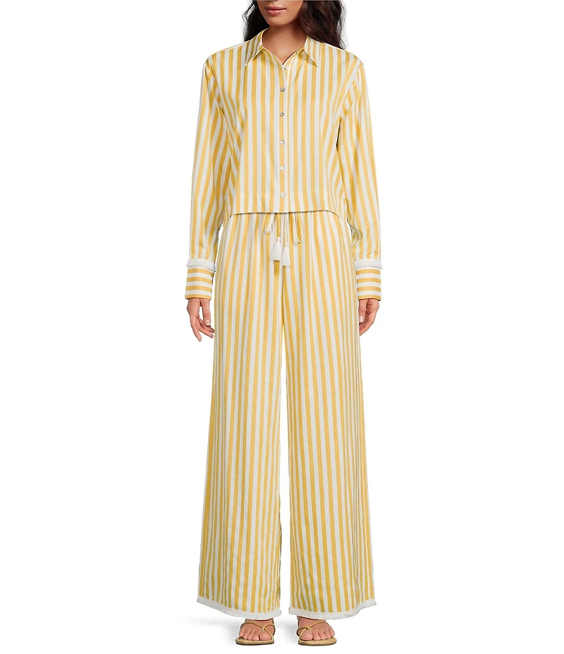 A Loves A Woven Stripe Point Collar Button Front Long Sleeve Fringe Cuff Cropped Coordinating Shirt