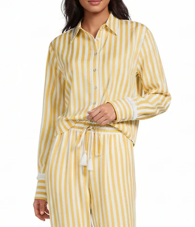 A Loves A Woven Stripe Point Collar Button Front Long Sleeve Fringe Cuff Cropped Coordinating Shirt