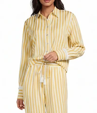 A Loves A Woven Stripe Point Collar Button Front Long Sleeve Fringe Cuff Cropped Coordinating Shirt