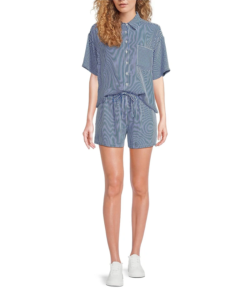 A Loves A Woven Stripe Point Collar Short Sleeve Button Front Coordinating Camp Shirt