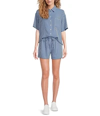 A Loves A Woven Stripe Point Collar Short Sleeve Button Front Coordinating Camp Shirt