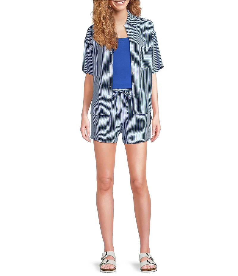 A Loves A Woven Stripe Point Collar Short Sleeve Button Front Coordinating Camp Shirt
