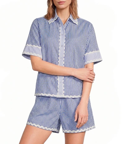 A Loves A Woven Striped Collared Short Sleeve Button Front Coordinating Shirt
