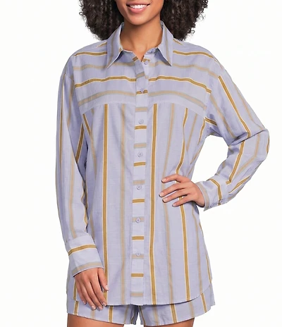 A.Ren Bryce Striped Button Down Collar Neck Long Sleeve Coordinating Woven Shirt Top