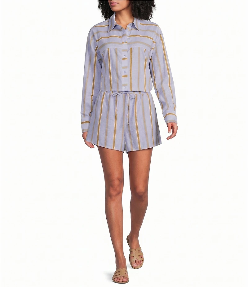 A.Ren Bryce Striped Button Down Collar Neck Long Sleeve Coordinating Woven Shirt Top