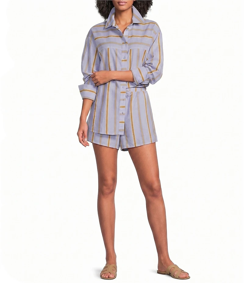 A.Ren Bryce Striped Button Down Collar Neck Long Sleeve Coordinating Woven Shirt Top