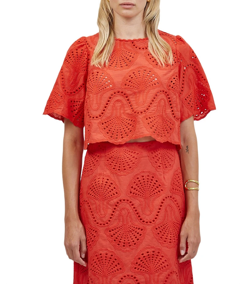 A.Ren Cannes Eyelet Crew Neck Short Sleeve Scallop Hem Top