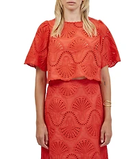 A.Ren Cannes Eyelet Crew Neck Short Sleeve Scallop Hem Top