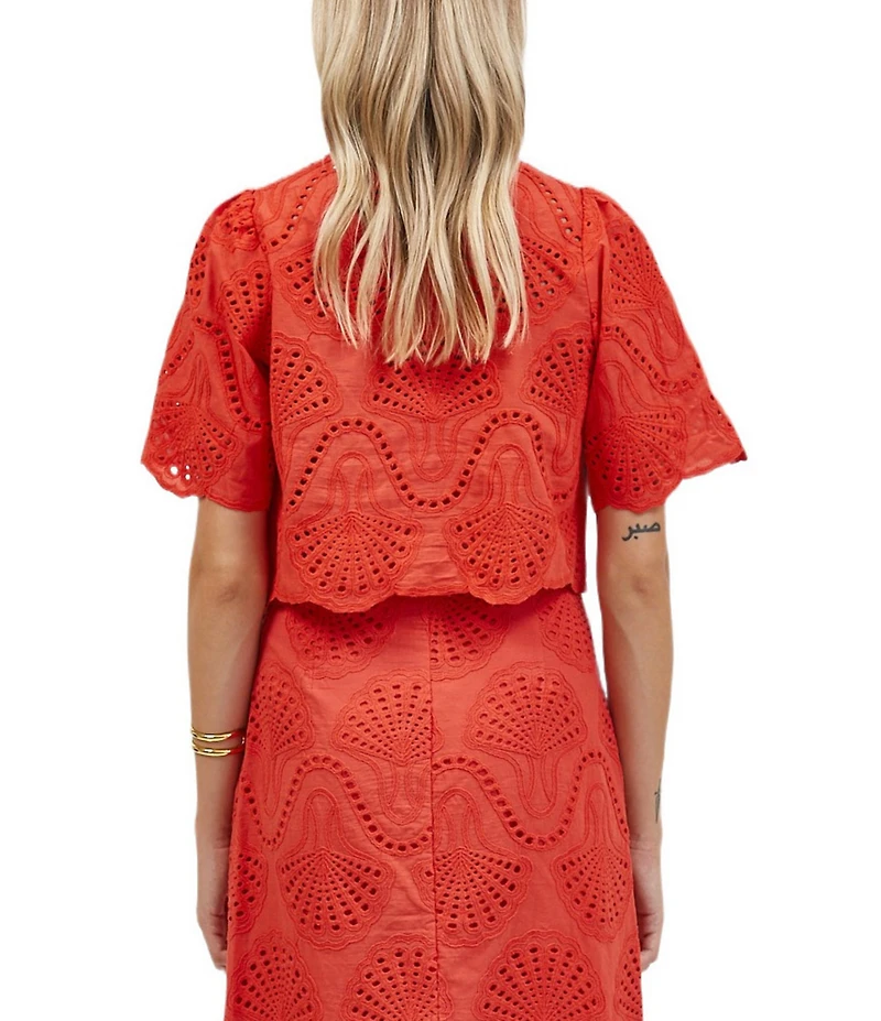 A.Ren Cannes Eyelet Crew Neck Short Sleeve Scallop Hem Top