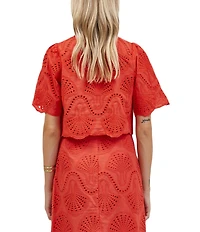 A.Ren Cannes Eyelet Crew Neck Short Sleeve Scallop Hem Top