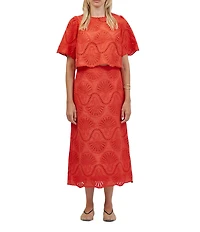 A.Ren Cannes Eyelet Crew Neck Short Sleeve Scallop Hem Top