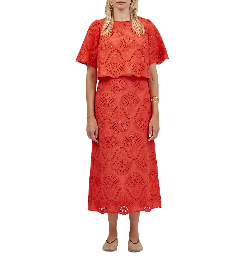 A.Ren Cannes Eyelet Scallop Hem Coordinating Midi Skirt