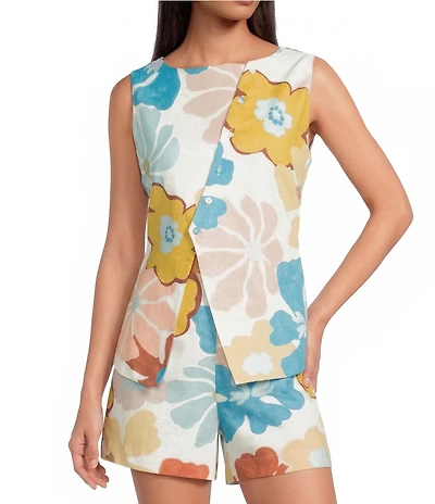 A.Ren Cosima Floral Print Crew Neck Sleeveless Asymmetrical Button-Down Coordinating Linen Blend Top