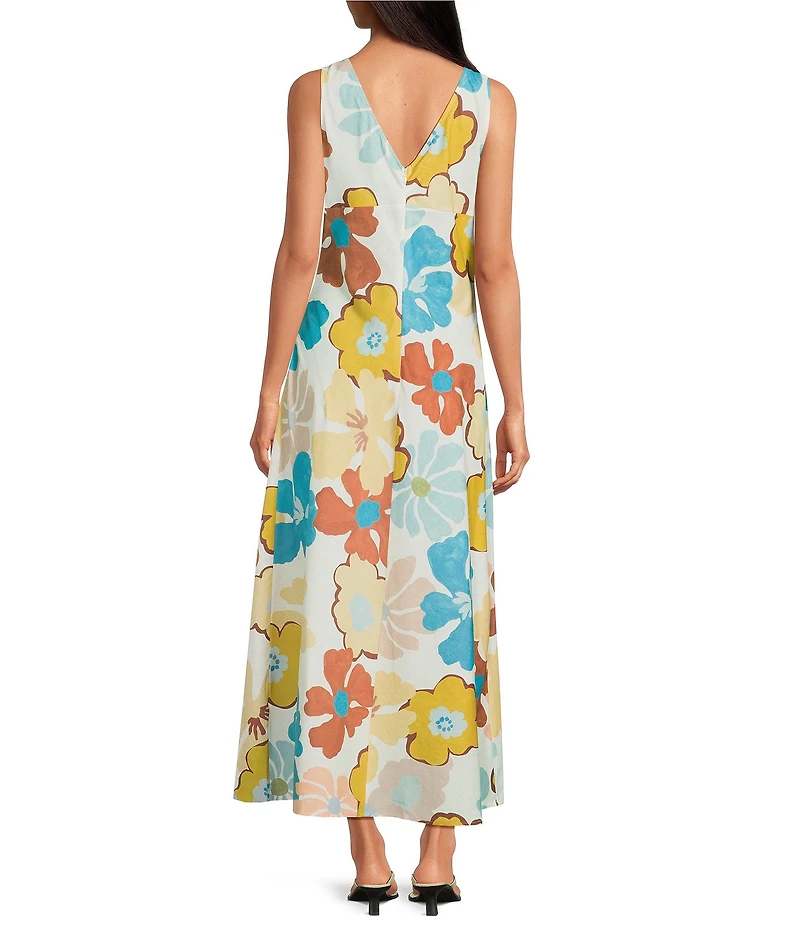 A.Ren Cosima Floral Print Round Neck Sleeveless Linen Blend Maxi Dress