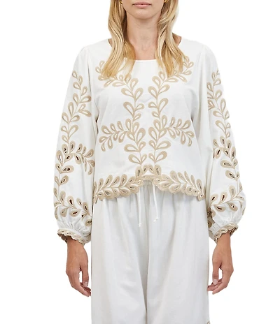 A.Ren Felicity Embordered Crew Neck Long Sleeve Coordinating Top