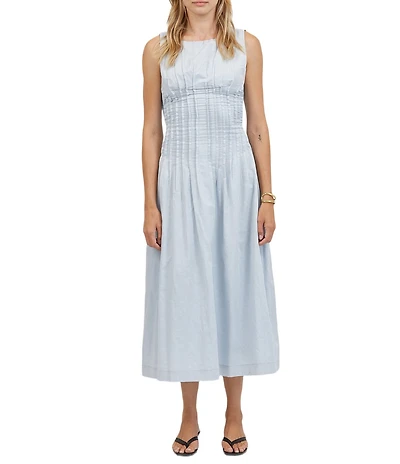 A.Ren Hayden Round Neck Sleeveless Pin Tuck A-Line Midi Dress