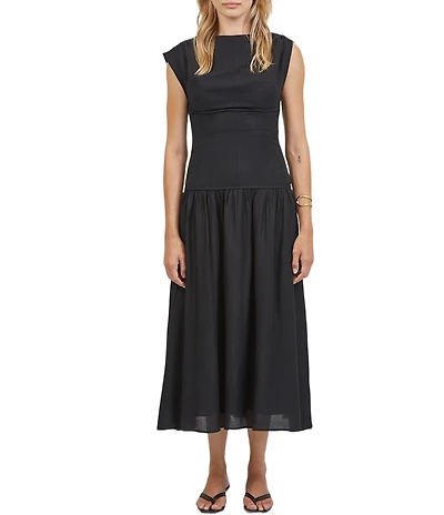 A.Ren Iris Woven Boat Neck Sleeveless Drop Waist Midi Dress