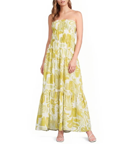 A.Ren Irisa Printed Smocked Tiered Strapless Woven Maxi Dress
