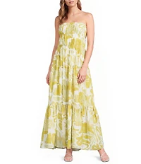 A.Ren Irisa Printed Smocked Tiered Strapless Woven Maxi Dress
