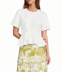A.Ren Juliette Smocked Round Neck Short Sleeve Knit Top