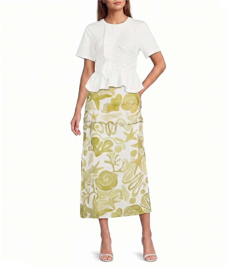 A.Ren Juliette Smocked Round Neck Short Sleeve Knit Top
