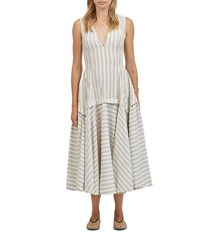 A.Ren Loire Stripe Plunged V-Neck Sleeveless Drop Waist Midi Dress