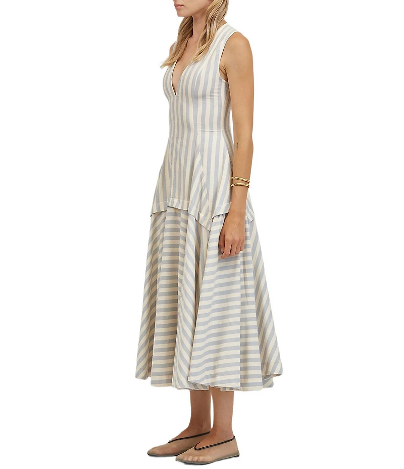 A.Ren Loire Stripe Plunged V-Neck Sleeveless Drop Waist Midi Dress