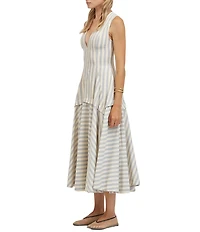 A.Ren Loire Stripe Plunged V-Neck Sleeveless Drop Waist Midi Dress