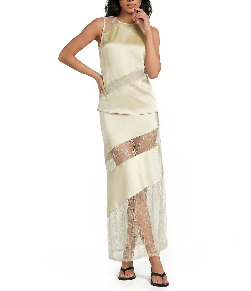 A.Ren Sabrin Asymmetrical Lace Design Coordinating Satin Midi Skirt