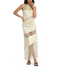 A.Ren Sabrin Asymmetrical Lace Design Coordinating Satin Midi Skirt