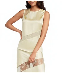 A.Ren Sabrin Crew Neckline Sleeveless Asymmetrical Lace Design Coordinating Satin Top