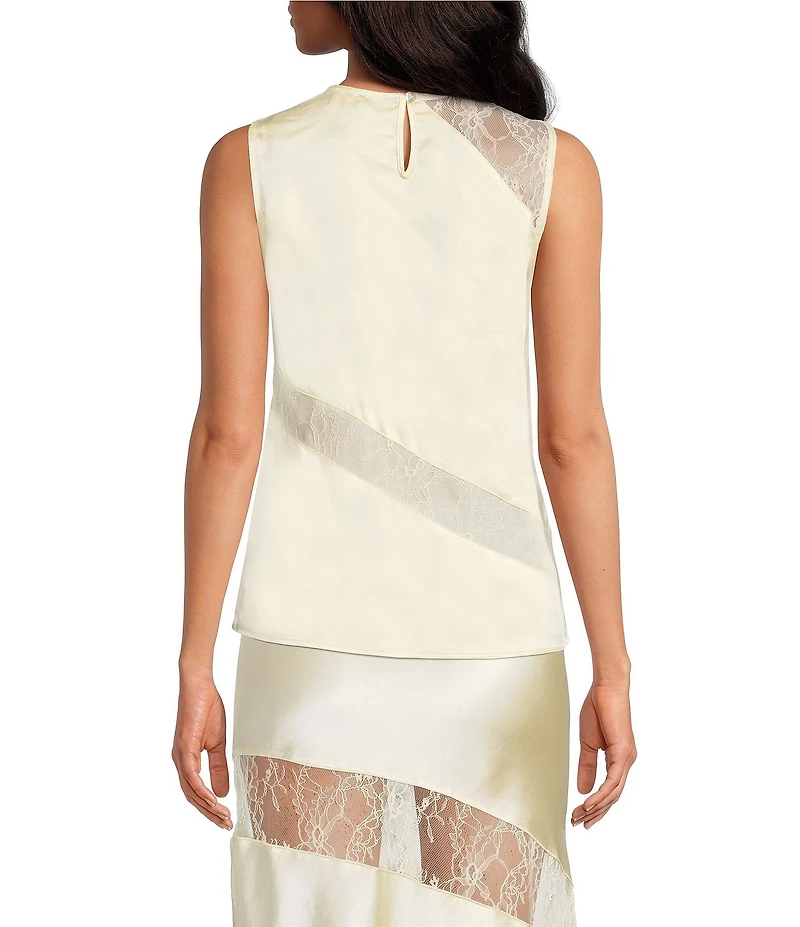 A.Ren Sabrin Crew Neckline Sleeveless Asymmetrical Lace Design Coordinating Satin Top